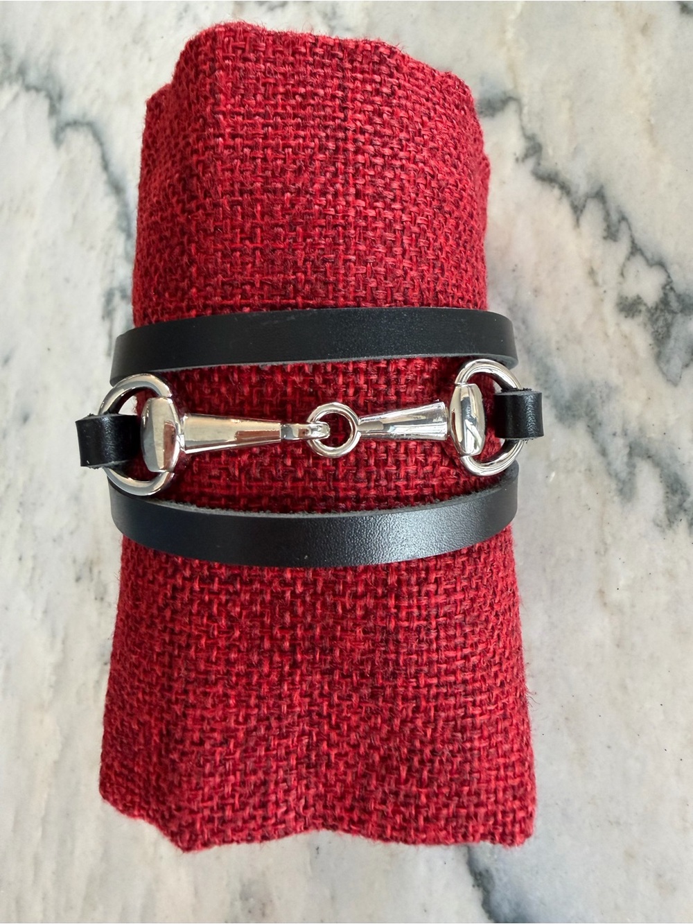Black Leather Silver Horse Bit Wrap Bracelet